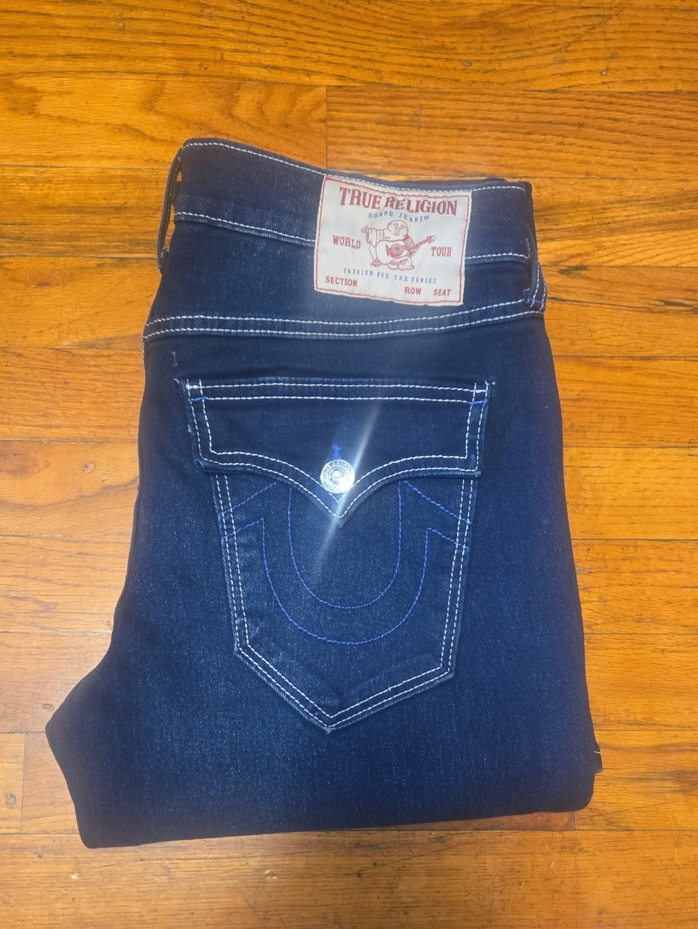 True Religion Ricky Jeans Mens 30 (Fits 32x33) Blue Embroidered Flap Pockets.
